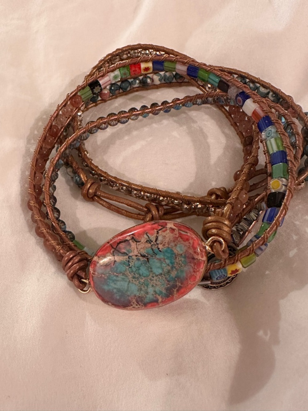 Valerie Emerson Multicolor Bead Wrap Bracelet with Turquoise-Red Stone